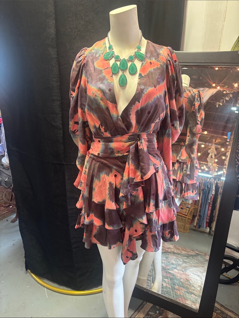 Ulla Johnson Coral and Plum Tie-Waist Ruffle Mini Dress